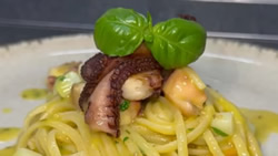 Spaghetti with Octopus and Yellow Cherry Tomatoes